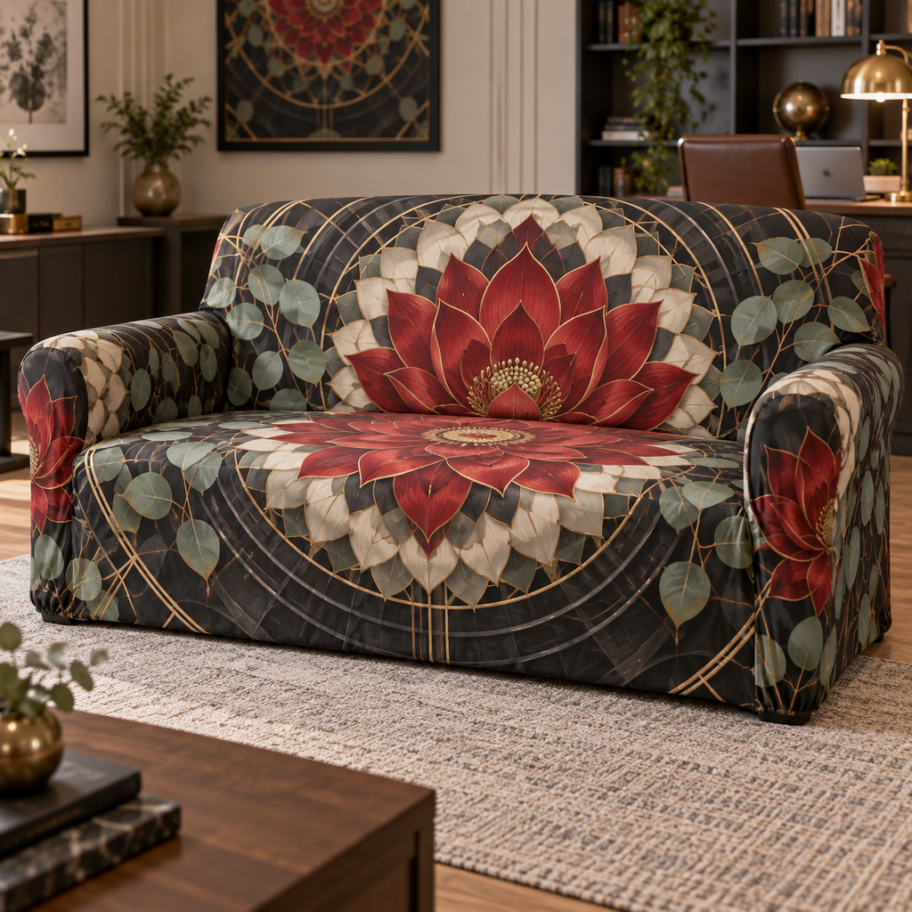 Red Lotus Mandala Home Office Sofa Cover with flat printed optical 3D lotus mandala in charcoal cardinal red ivory eucalyptus and brass