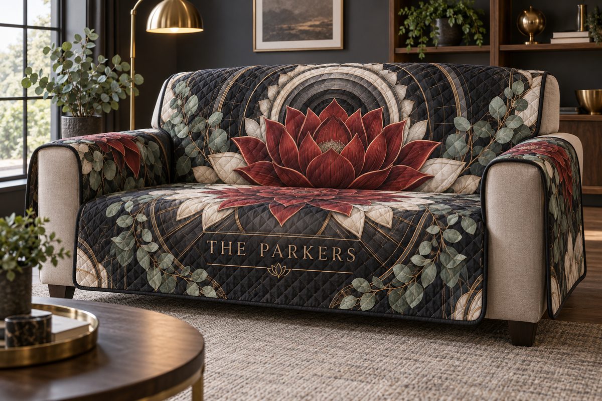 Personalized Red Lotus Mandala Sofa Cover showing The Parkers within flat printed optical 3D lotus tunnel in charcoal cardinal red ivory eucalyptus and brass