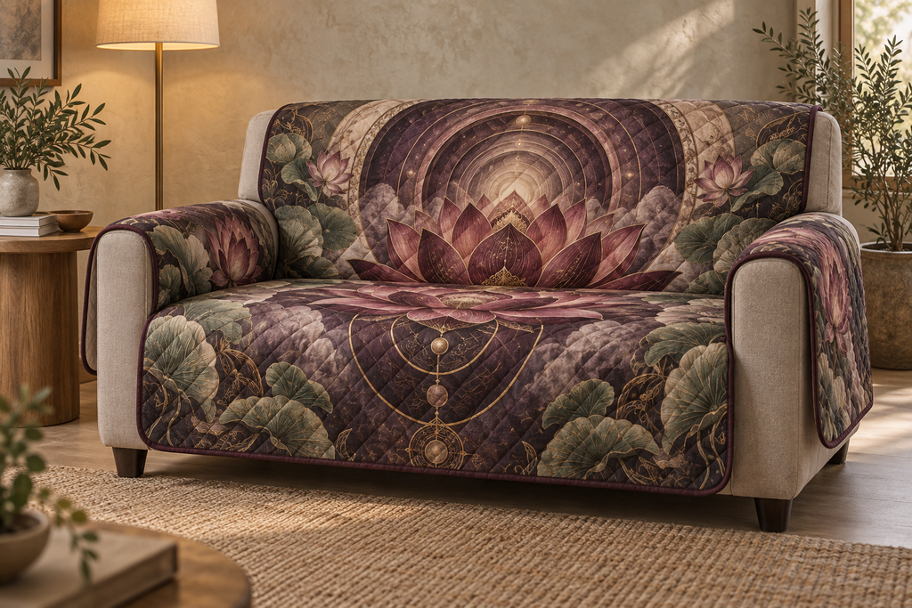 Red Lotus Mandala Quiet Corner Sofa Cover with flat printed optical 3D lotus tunnel in oxblood dusty rose parchment sage and antique gold