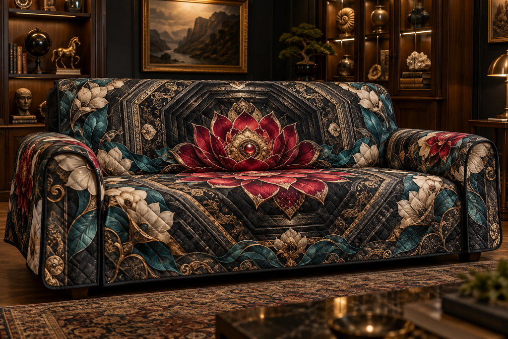 Red Lotus Mandala Collector Birthday Sofa Cover with flat printed optical 3D lotus reliquary in ruby obsidian peacock teal alabaster and museum gold