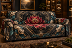 Red Lotus Mandala Collector Birthday Sofa Cover with flat printed optical 3D lotus reliquary in ruby obsidian peacock teal alabaster and museum gold