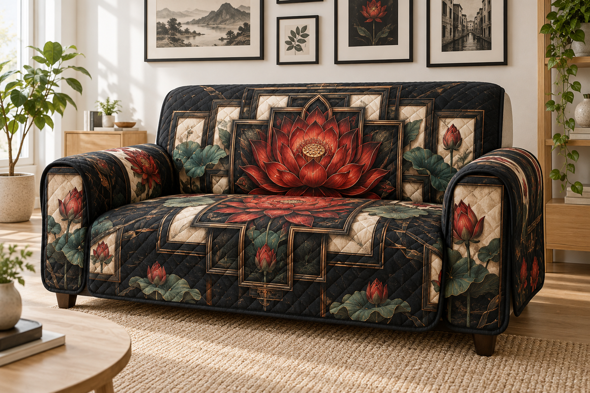 Red Lotus Mandala Gallery Wall Sofa Cover with flat printed optical 3D layered frames in vermilion ink black cream jade and brushed bronze