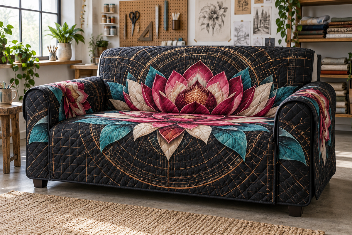 Red Lotus Mandala Hobby Studio Sofa Cover with flat printed optical 3D drafting tunnel in magenta red carbon turquoise canvas white and copper