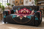 Red Lotus Mandala Hobby Studio Sofa Cover with flat printed optical 3D drafting tunnel in magenta red carbon turquoise canvas white and copper