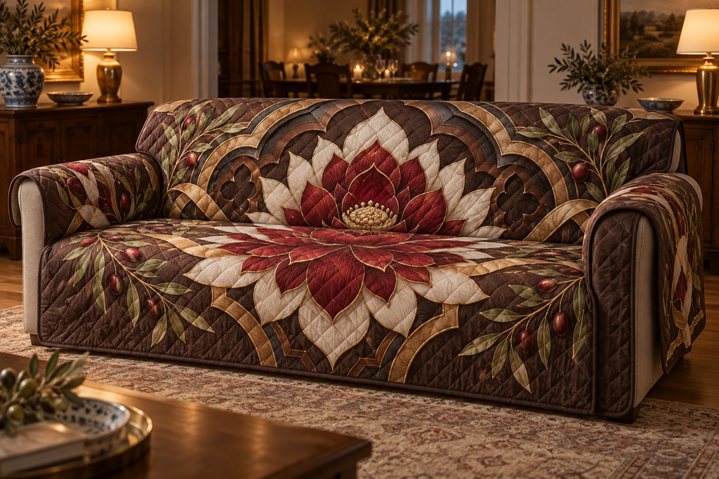 Red Lotus Mandala Host Thank You Sofa Cover with flat printed optical 3D hospitality arch in cranberry espresso porcelain olive and champagne gold