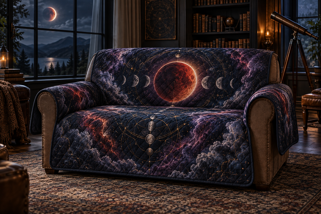 Lunar Eclipse Reading Nook Sofa Cover with flat printed optical 3D lunar eclipse in midnight navy ember red silver violet and antique brass