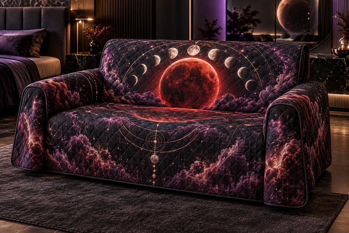 Lunar Eclipse Bedroom Sofa Cover with flat printed optical 3D blood moon in black pearl amethyst and rose gold