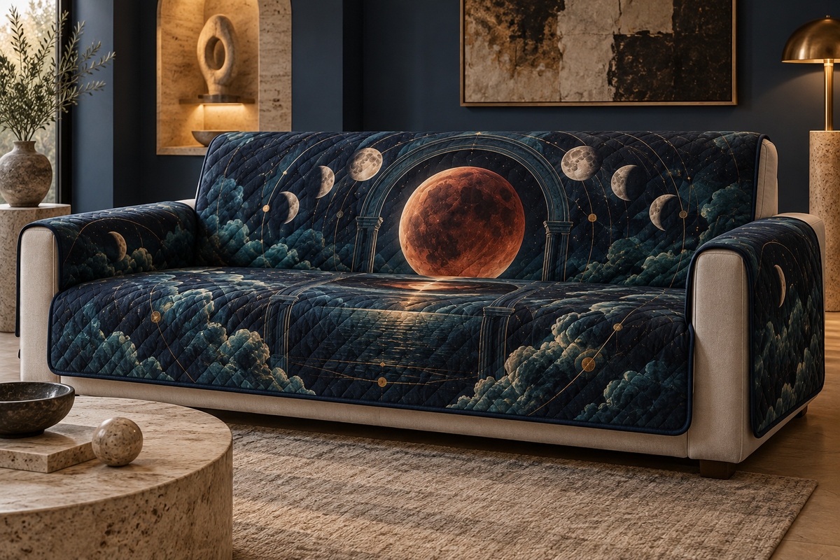 Lunar Eclipse Living Room Sofa Cover with flat printed optical 3D eclipse in indigo copper red bone white dark teal and aged brass