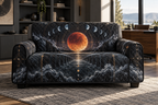 Lunar Eclipse Home Office Sofa Cover with flat printed optical 3D eclipse in graphite eclipse orange ice blue slate and brass