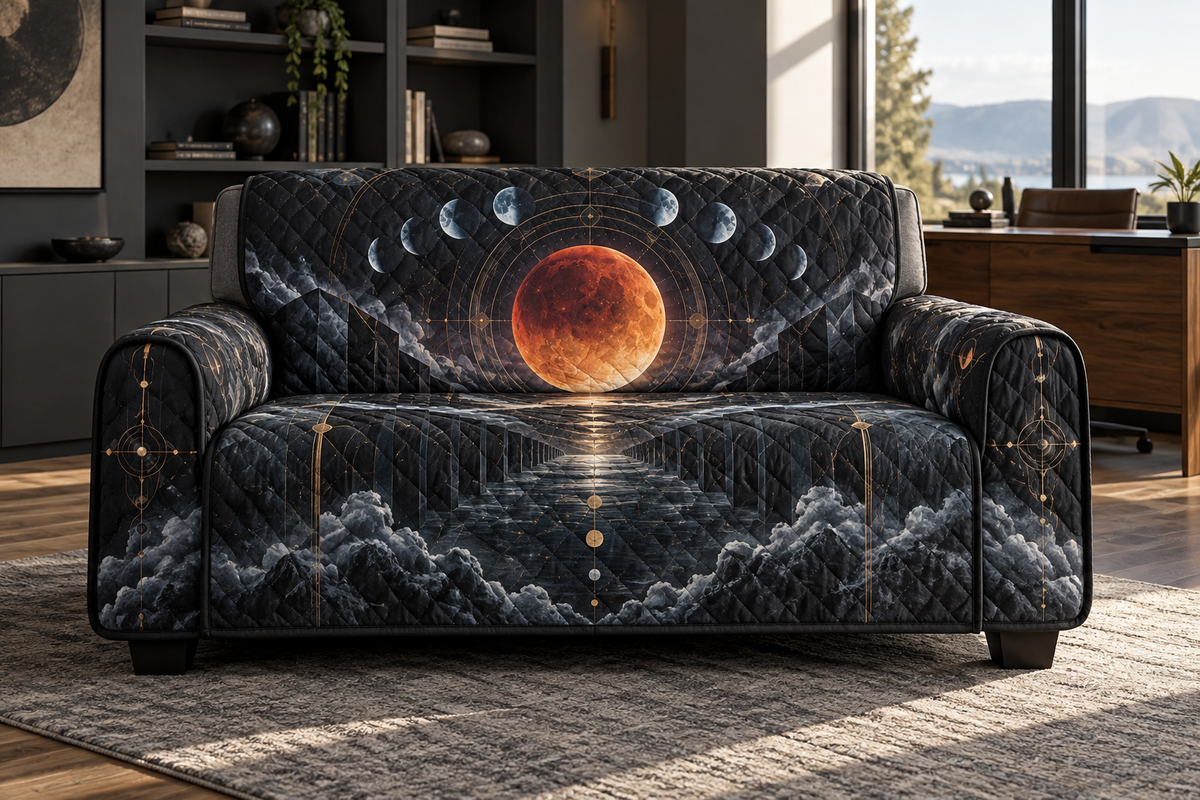 Lunar Eclipse Home Office Sofa Cover with flat printed optical 3D eclipse in graphite eclipse orange ice blue slate and brass