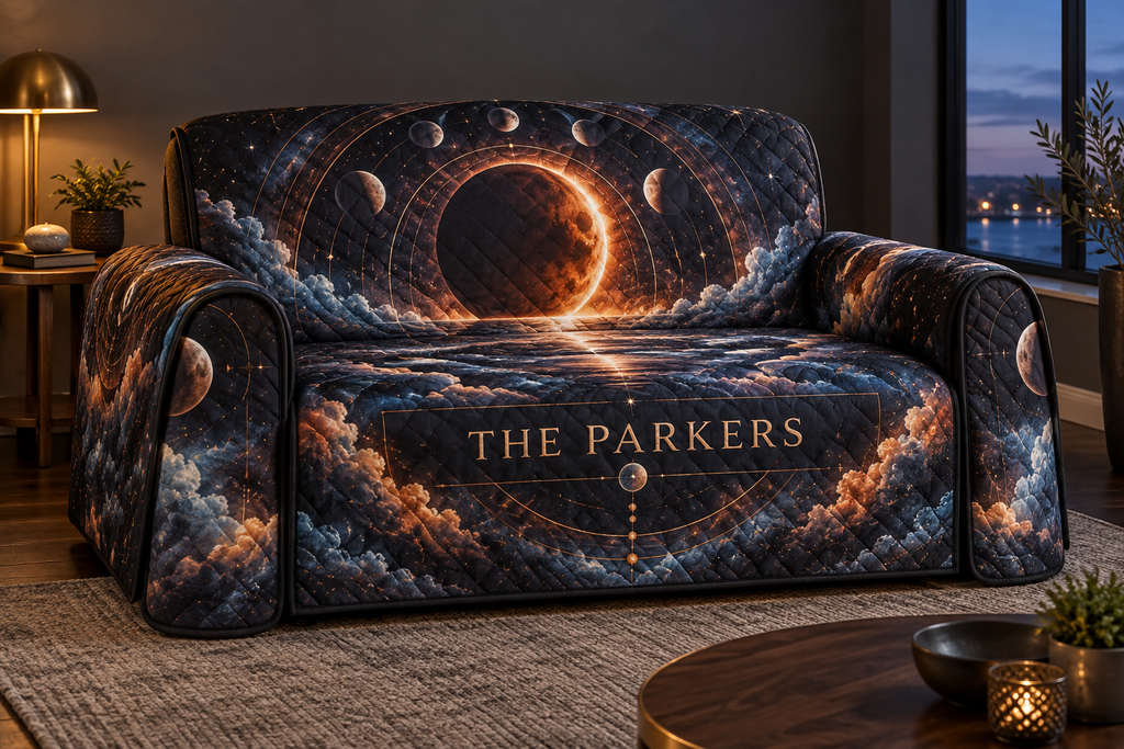 Personalized Lunar Eclipse Sofa Cover showing The Parkers within flat printed optical 3D lunar eclipse portal in graphite eclipse orange ice blue slate and brass