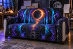 Lunar Eclipse Hobby Studio Sofa Cover with flat printed optical 3D eclipse in ultraviolet electric cyan orange ink black and silver