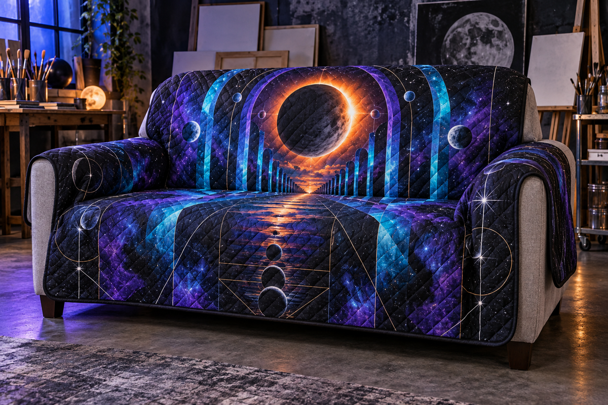 Lunar Eclipse Hobby Studio Sofa Cover with flat printed optical 3D eclipse in ultraviolet electric cyan orange ink black and silver