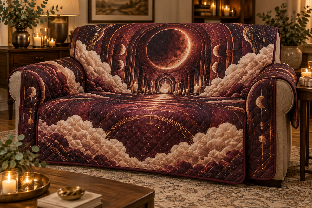 Lunar Eclipse Host Thank You Sofa Cover with flat printed optical 3D eclipse in burgundy copper cream deep plum and champagne gold