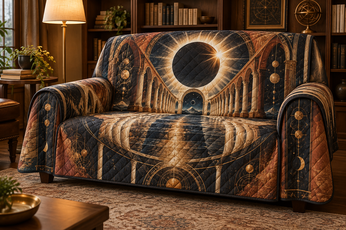 Solar Eclipse Reading Nook Sofa Cover with flat printed optical 3D solar eclipse in black white gold burnt sienna parchment and navy