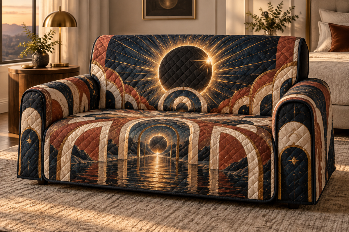 Solar Eclipse Bedroom Statement Sofa Cover with flat printed optical 3D solar eclipse in matte black molten gold terracotta ivory and deep navy