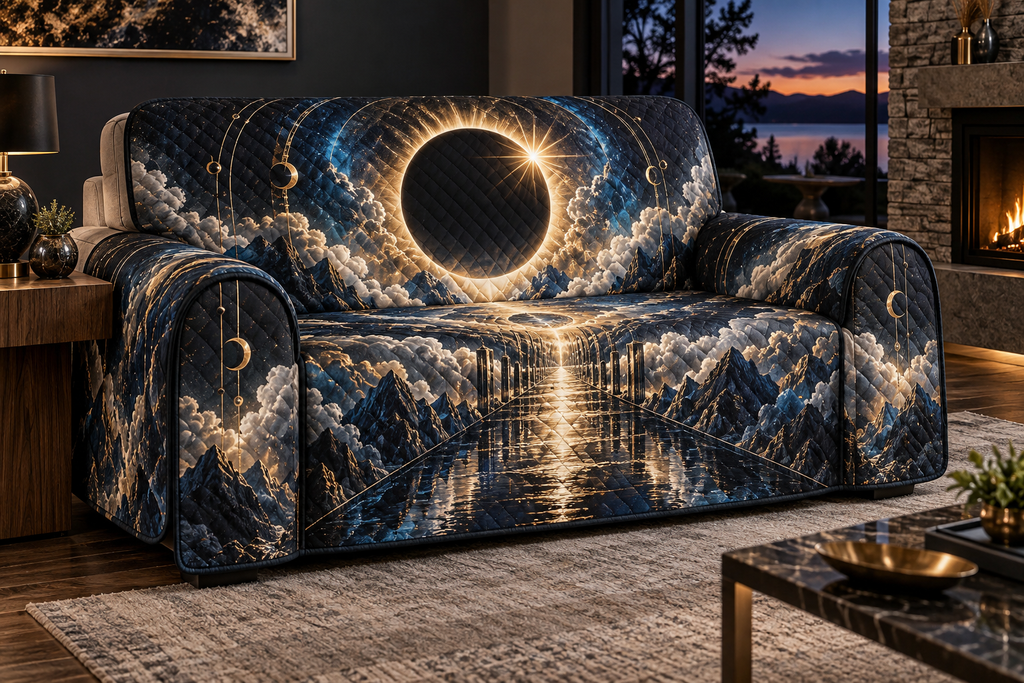 Solar Eclipse Living Room Sofa Cover with flat printed optical 3D solar eclipse in sapphire black platinum gold smoky white and bronze
