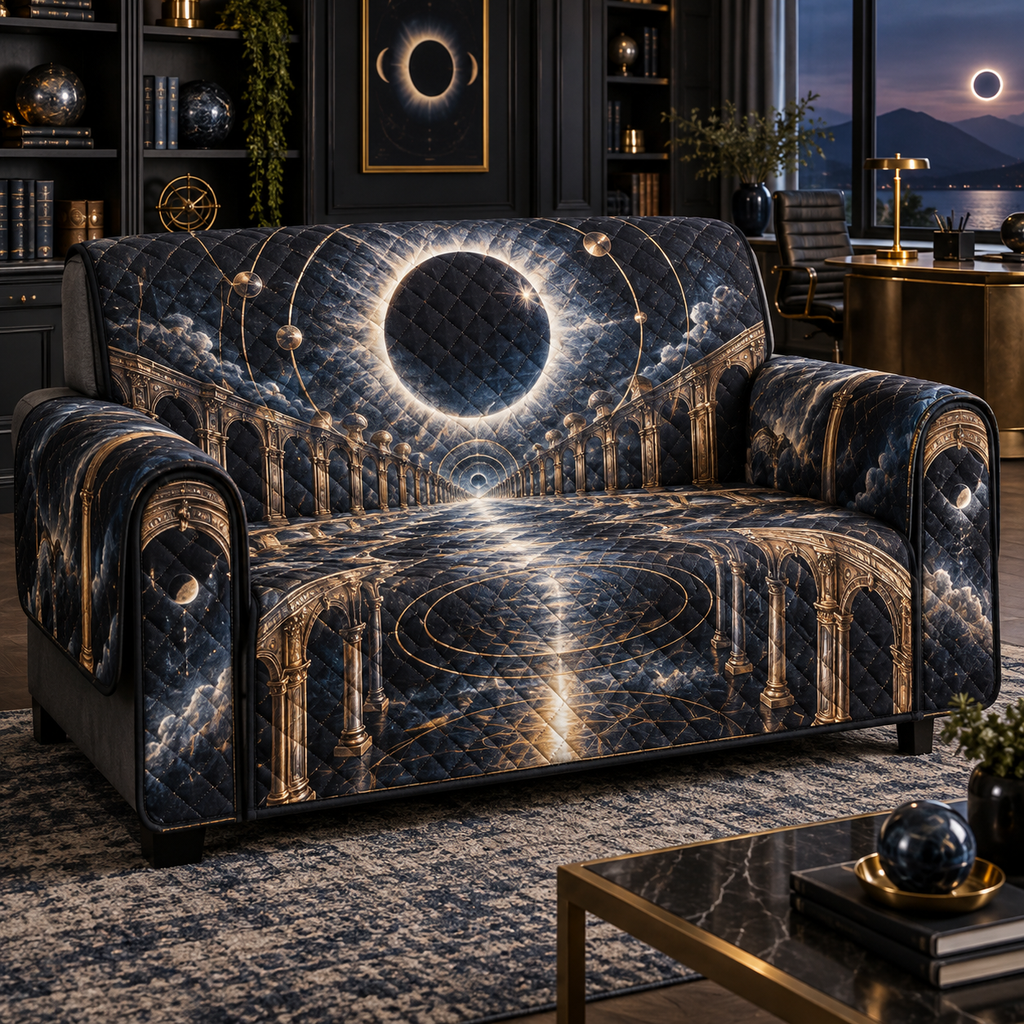 Solar Eclipse Executive Office Sofa Cover with flat printed optical 3D solar eclipse in sapphire black platinum gold smoky white and bronze