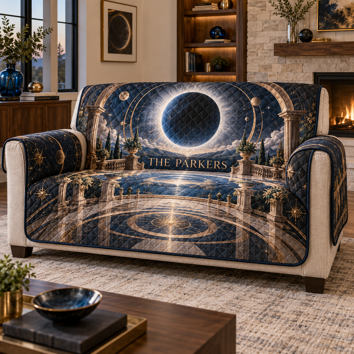 Personalized Solar Eclipse Sofa Cover showing The Parkers within flat printed optical 3D solar eclipse portal in graphite eclipse orange ice blue slate and brass