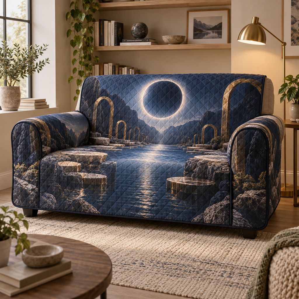 Solar Eclipse Quiet Corner Sofa Cover with flat printed optical 3D solar eclipse in sapphire black platinum gold smoky white and bronze