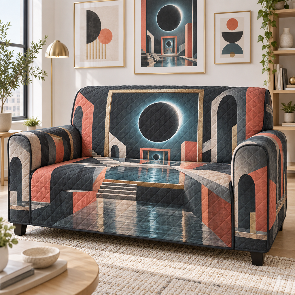 Solar Eclipse Apartment Gallery Sofa Cover with flat printed optical 3D solar eclipse in sapphire black platinum gold smoky white and bronze