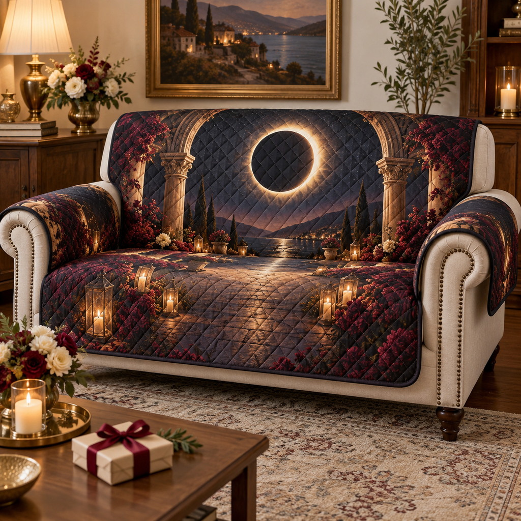 Solar Eclipse Host Thank You Sofa Cover with flat printed optical 3D solar eclipse in sapphire black platinum gold smoky white and bronze