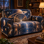 Ringed Planet Reading Nook Sofa Cover with flat printed optical 3D ringed planet library corridor in sapphire amber pearl ice copper navy and walnut