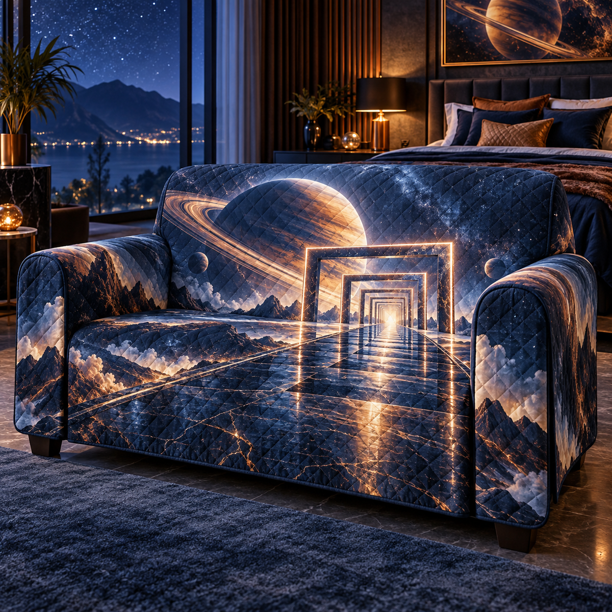 Ringed Planet Bedroom Statement Sofa Cover with flat printed optical 3D ringed planet celestial corridor in sapphire amber pearl ice copper and navy