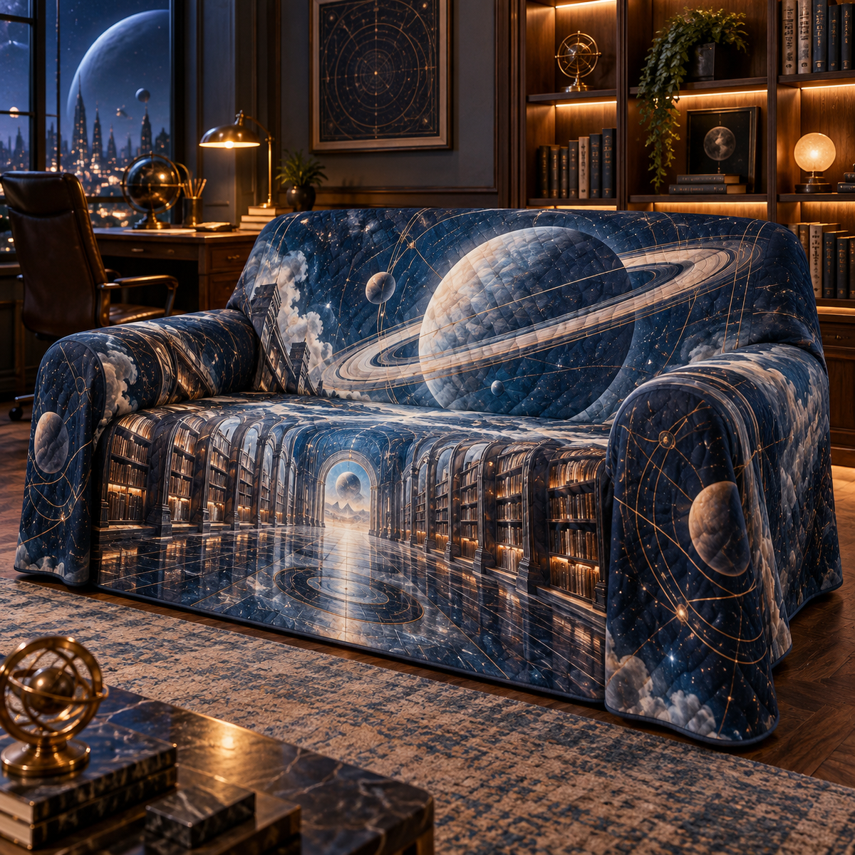 Ringed Planet Home Office Backdrop Sofa Cover with flat printed optical 3D ringed planet archive corridor in sapphire amber pearl ice copper navy and walnut