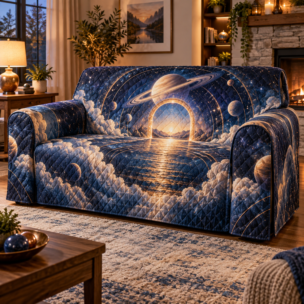 Personalized Ringed Planet Housewarming Sofa Cover with blank personalization area and flat printed optical 3D celestial doorway in sapphire amber pearl ice copper and navy