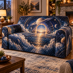 Personalized Ringed Planet Housewarming Sofa Cover with blank personalization area and flat printed optical 3D celestial doorway in sapphire amber pearl ice copper and navy