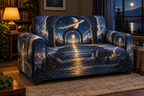 Ringed Planet Quiet Corner Decor Sofa Cover with flat printed optical 3D ringed planet moonlit arches in sapphire amber pearl ice copper navy and walnut