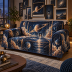 Ringed Planet Apartment Gallery Wall Sofa Cover with flat printed optical 3D ringed planet floating frames in sapphire amber pearl ice copper navy and walnut