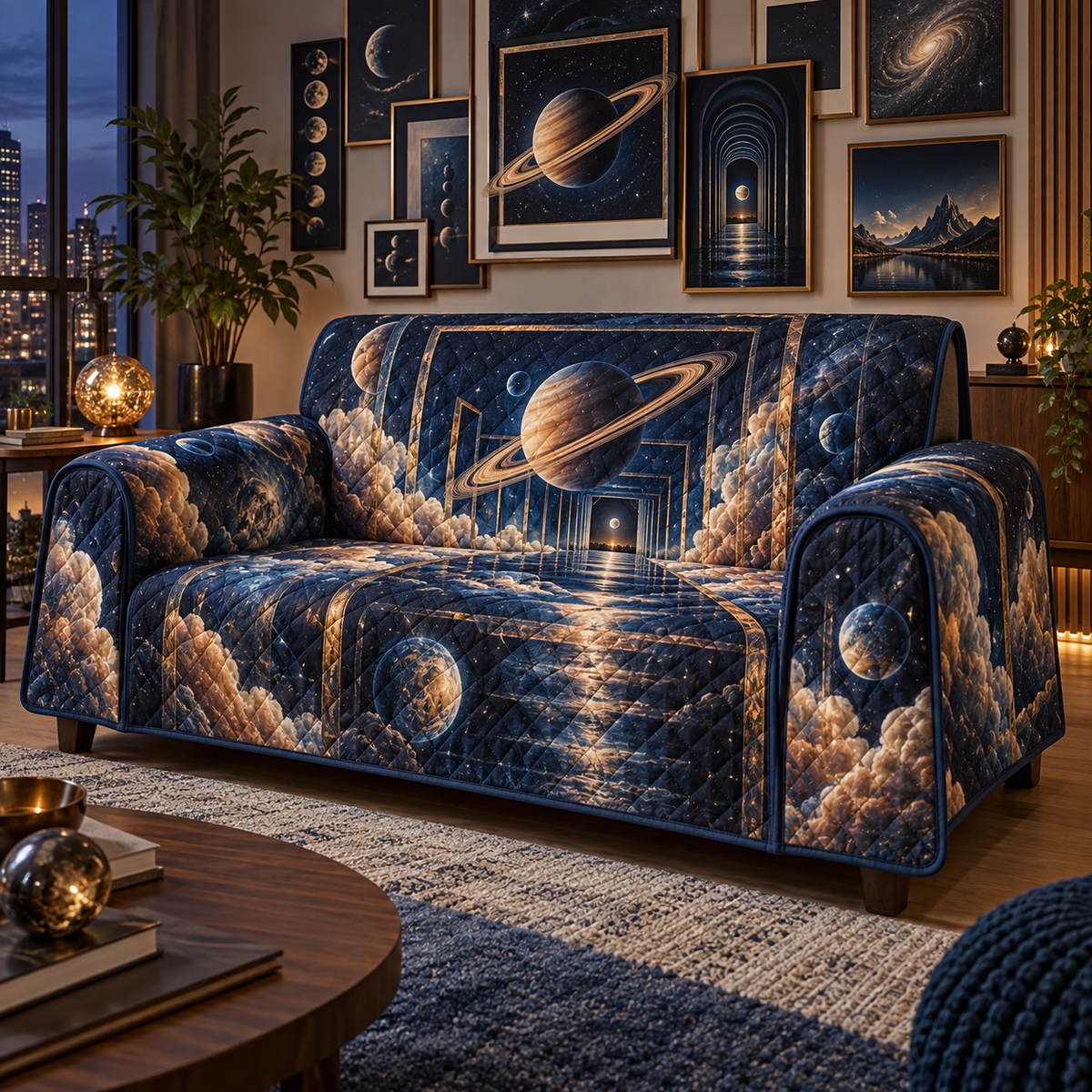 Ringed Planet Apartment Gallery Wall Sofa Cover with flat printed optical 3D ringed planet floating frames in sapphire amber pearl ice copper navy and walnut
