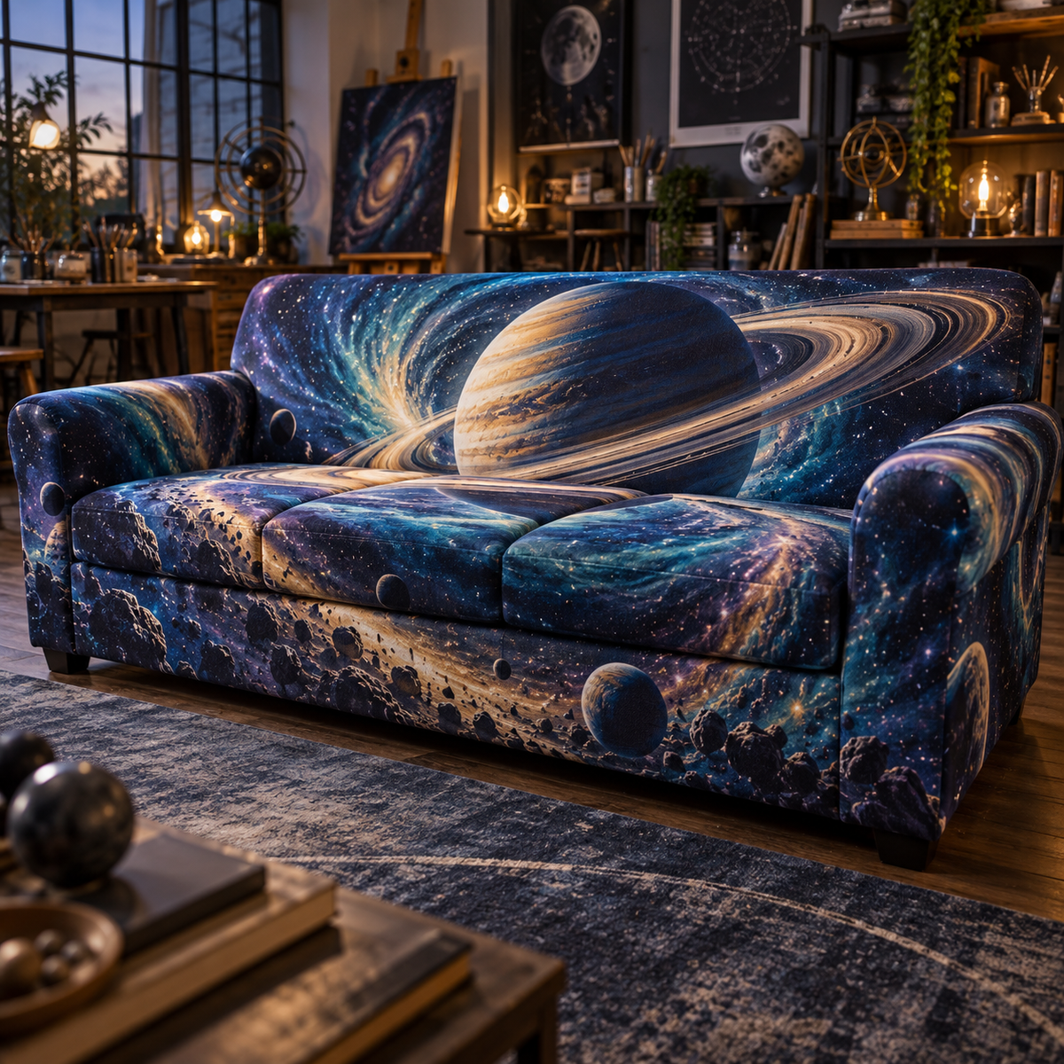 Ringed Planet Hobby Studio Identity Sofa Cover with flat printed optical 3D ringed planet in indigo teal violet warm gold and creative studio setting