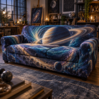 Ringed Planet Hobby Studio Identity Sofa Cover with flat printed optical 3D ringed planet in indigo teal violet warm gold and creative studio setting