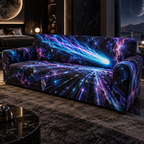 Comet Trail Bedroom Statement Decor Sofa Cover with flat printed optical 3D comet trail in obsidian cobalt electric cyan magenta violet and contemporary bedroom