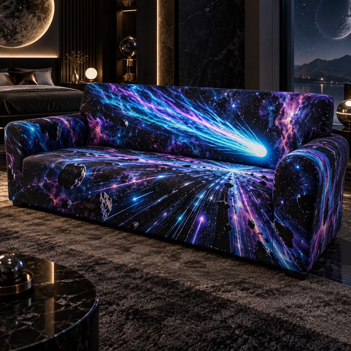 Comet Trail Bedroom Statement Decor Sofa Cover with flat printed optical 3D comet trail in obsidian cobalt electric cyan magenta violet and contemporary bedroom