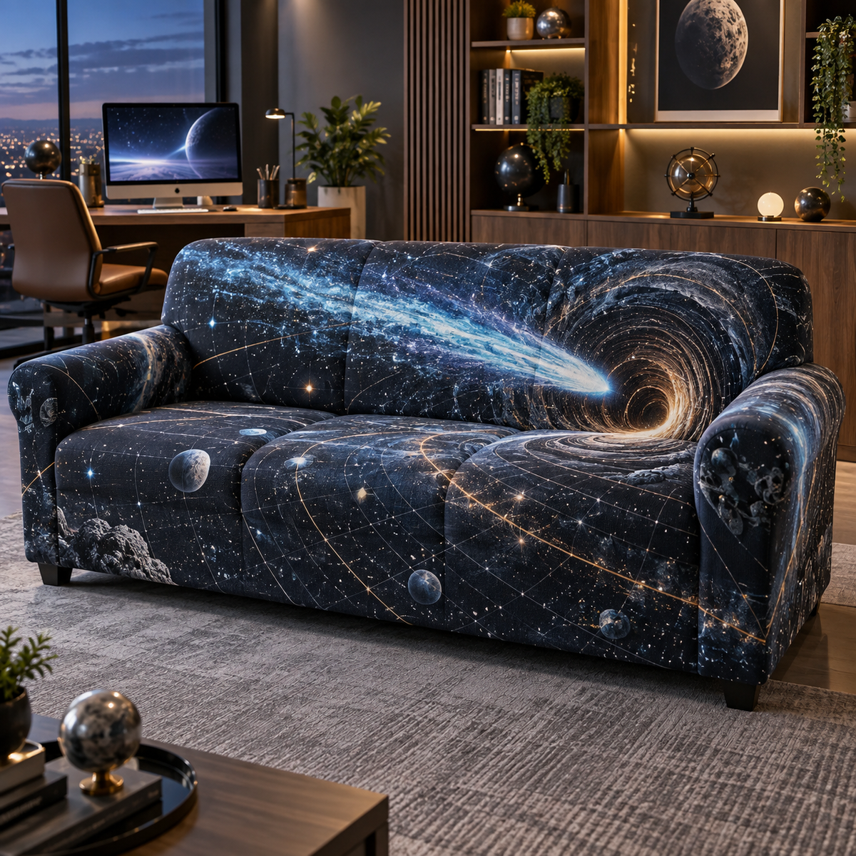 Comet Trail Home Office Backdrop Sofa Cover with flat printed optical 3D comet trail in graphite navy ice blue slate amber pearl and modern home office