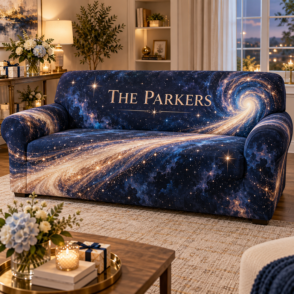 Personalized Comet Trail Housewarming Sofa Cover showing THE PARKERS example with flat printed optical 3D ivory rose gold sapphire comet trail in a warm new home