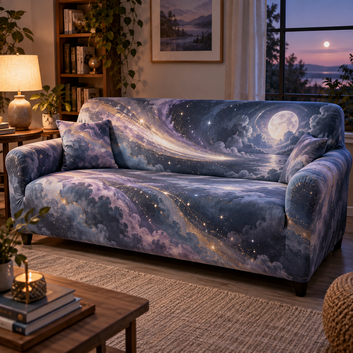 Comet Trail Quiet Corner Decoration Sofa Cover with flat printed optical 3D comet trail in charcoal blue dusty lavender mist blue pearl pale gold and serene quiet corner
