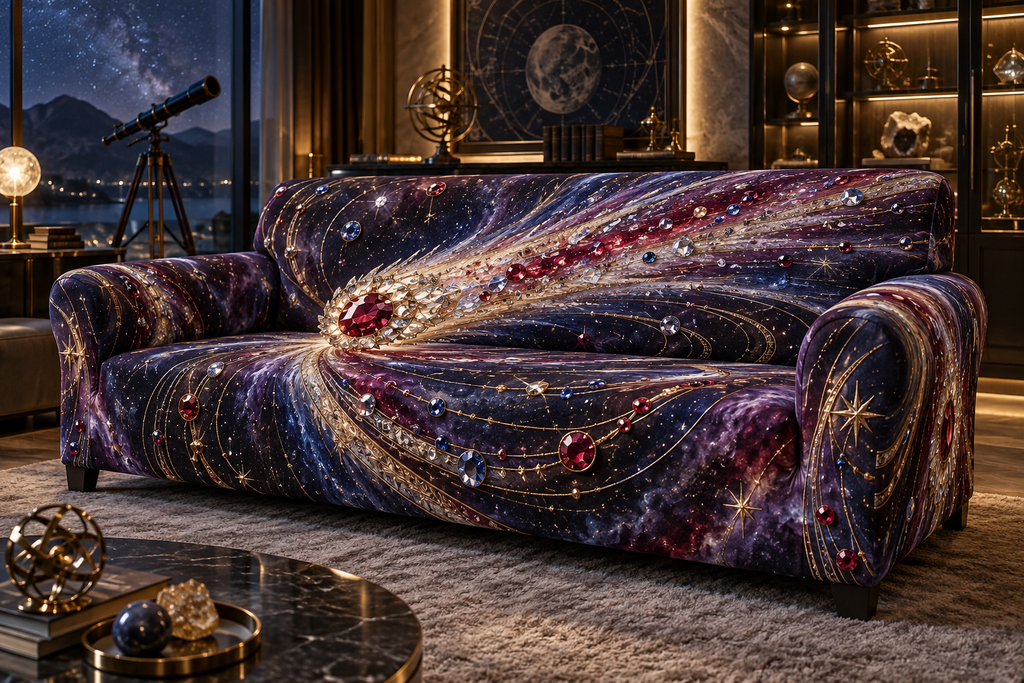 Comet Trail Collector Birthday Keepsake Sofa Cover with flat printed optical 3D jeweled comet trail in ruby sapphire antique gold icy white smoky violet in a refined astronomy collector setting