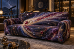 Comet Trail Collector Birthday Keepsake Sofa Cover with flat printed optical 3D jeweled comet trail in ruby sapphire antique gold icy white smoky violet in a refined astronomy collector setting