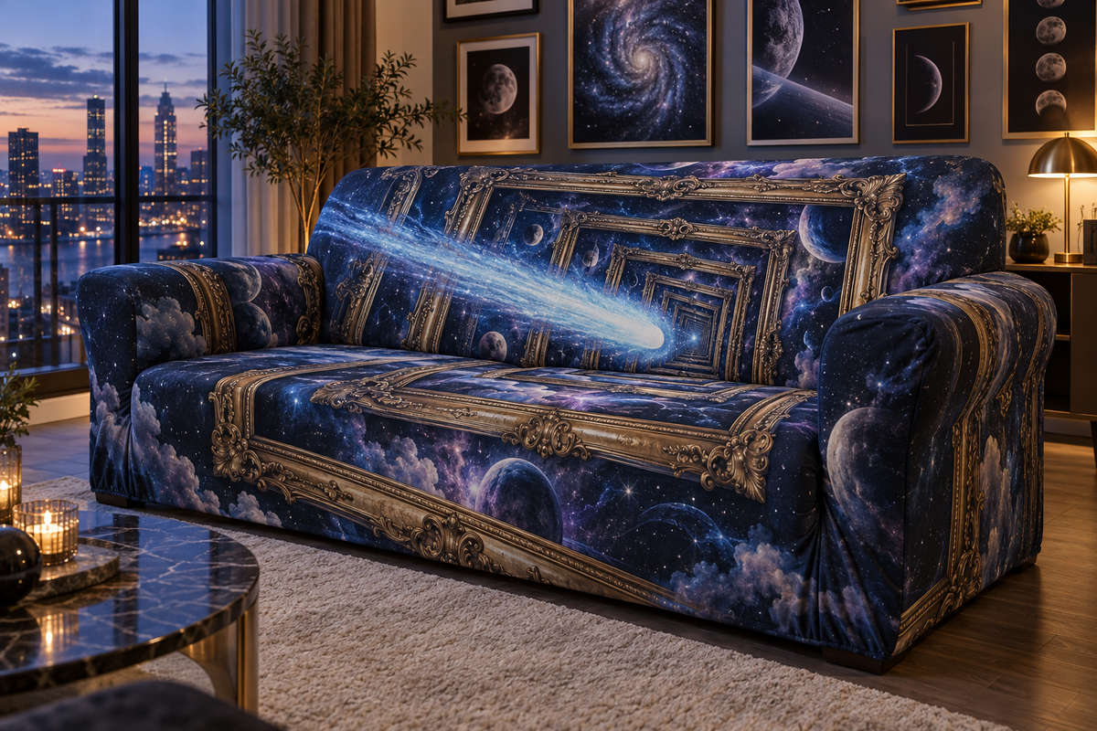 Comet Trail Apartment Gallery Wall Sofa Cover with flat printed optical 3D comet trail in midnight navy icy blue smoky violet antique gold and pearl white in a compact apartment gallery setting
