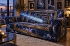 Comet Trail Apartment Gallery Wall Sofa Cover with flat printed optical 3D comet trail in midnight navy icy blue smoky violet antique gold and pearl white in a compact apartment gallery setting