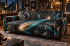 Comet Trail Hobby Studio Identity Sofa Cover with flat printed optical 3D comet trail in deep graphite electric teal copper brass gold and pearl white in a creative hobby studio