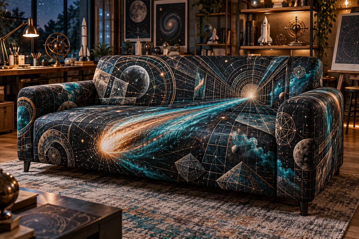 Comet Trail Hobby Studio Identity Sofa Cover with flat printed optical 3D comet trail in deep graphite electric teal copper brass gold and pearl white in a creative hobby studio