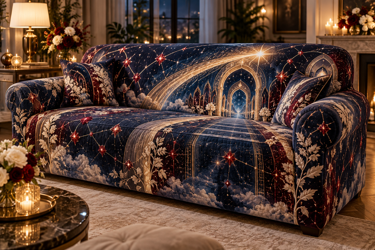 Comet Trail Host Thank You Gift Sofa Cover with flat printed optical 3D champagne comet in midnight blue garnet red champagne gold pearl white and welcoming hospitality setting