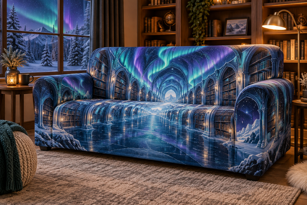 Northern Lights Reading Nook Decor Sofa Cover with flat printed optical 3D aurora library in midnight indigo emerald cyan violet icy white and a cozy reading nook