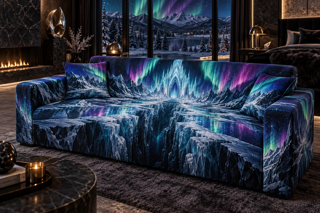 Northern Lights Bedroom Statement Decor Sofa Cover with flat printed optical 3D aurora glacier cathedral in midnight black blue neon emerald magenta cobalt icy silver and a luxury bedroom